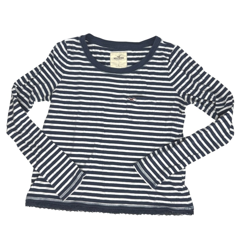 Hollister Vintage Y2K Women's Striped LS Top Size L Navy‎ White Lace Trim Pocket